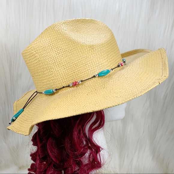 Accessories - Golden Natural Fiber Cowboy Hat with Beaded Embellished String Tie Band